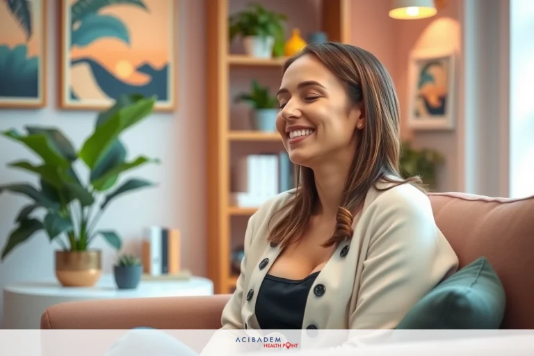 Does Laser Eye Surgery Last for Life? The image shows a woman seated comfortably on a couch, smiling and looking away from the camera. She is wearing casual attire with warm colors.
