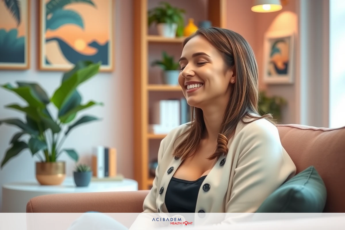 The image shows a woman seated comfortably on a couch, smiling and looking away from the camera. She is wearing casual attire with warm colors.