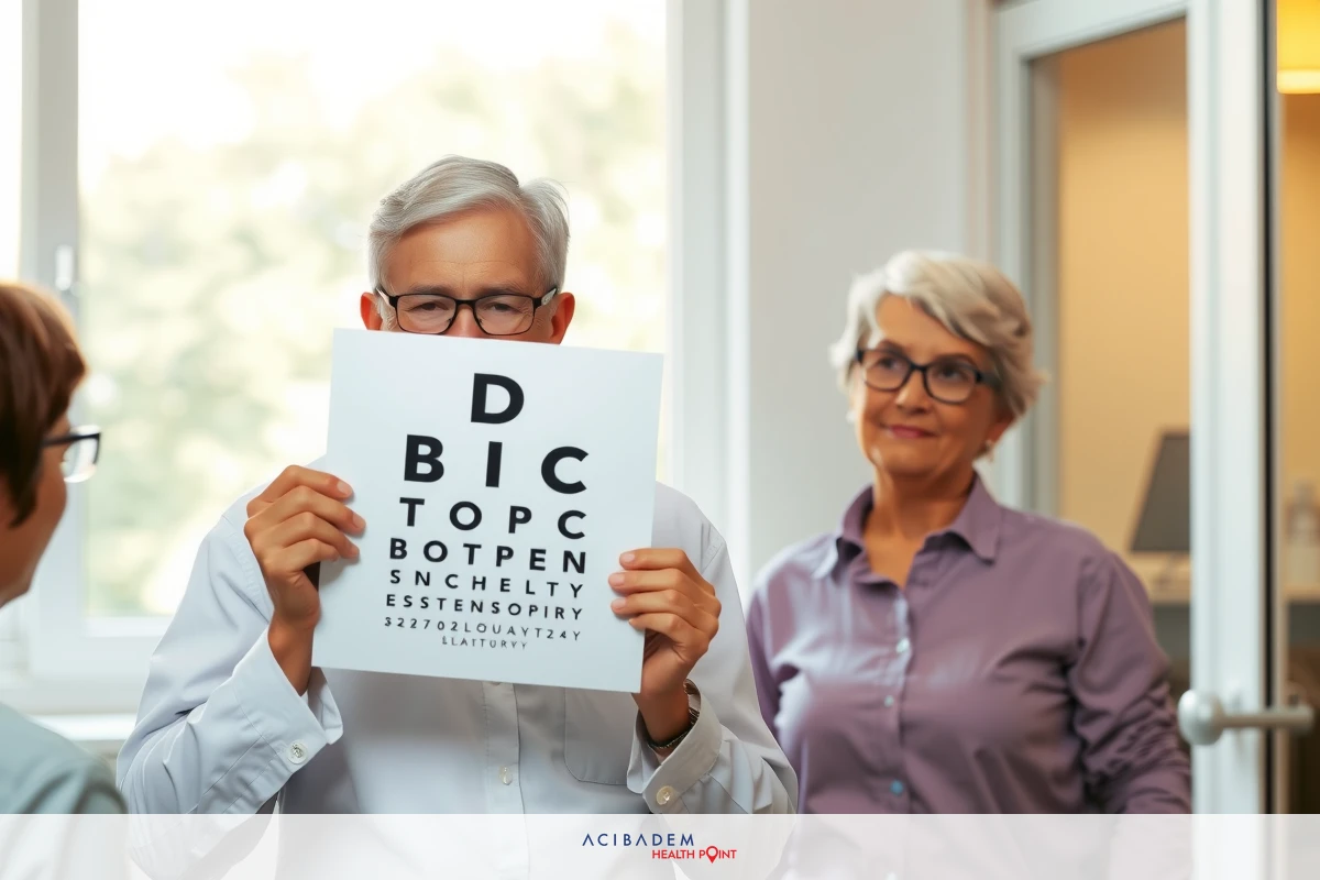 A man holding an eye test chart, posing for a picture in an office environment with two women observing. He is wearing glasses and has grey hair.
