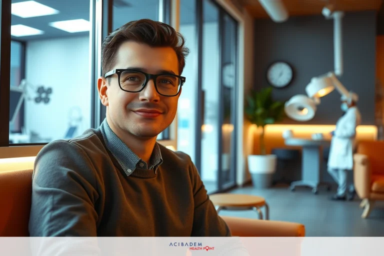 The image shows a young man seated in an office chair with a professional atmosphere. He is wearing glasses and appears to be engaged in conversation or looking at something outside the frame.