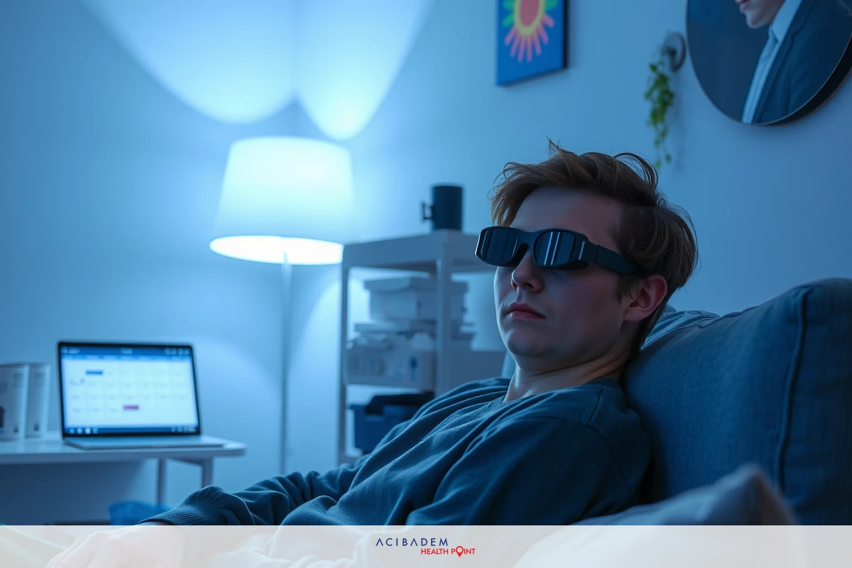 The image depicts a young man sitting on a couch with a laptop in front of him. The room has an indoor setting, likely a living room, with modern furniture and decorative elements like artwork on the wall.