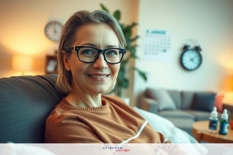 The image shows a woman sitting comfortably in a living room. She is wearing a brown sweater and black glasses. Her pose suggests she is at ease, perhaps engaged in a pleasant conversation or activity.