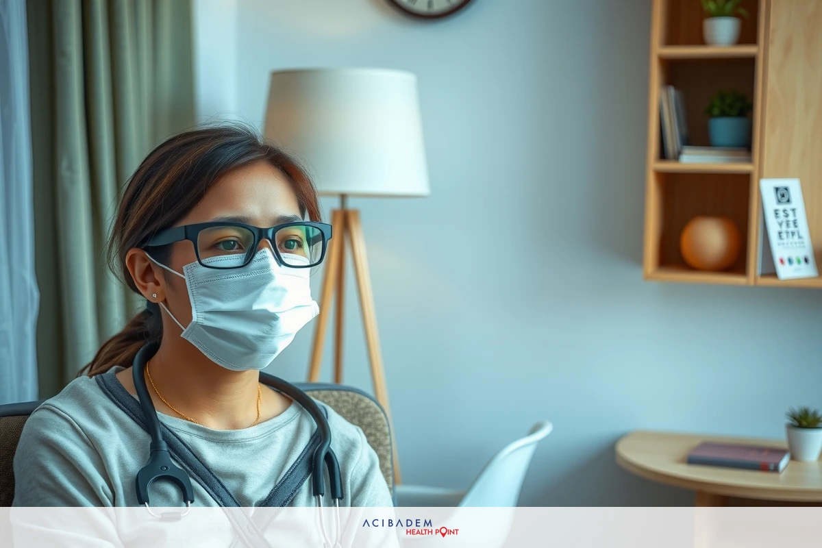 A female doctor wearing a face mask, sitting at a desk in an office environment. She is dressed in medical attire with stethoscope around her neck. The room has a wooden shelf with books on it and other standard office furniture.