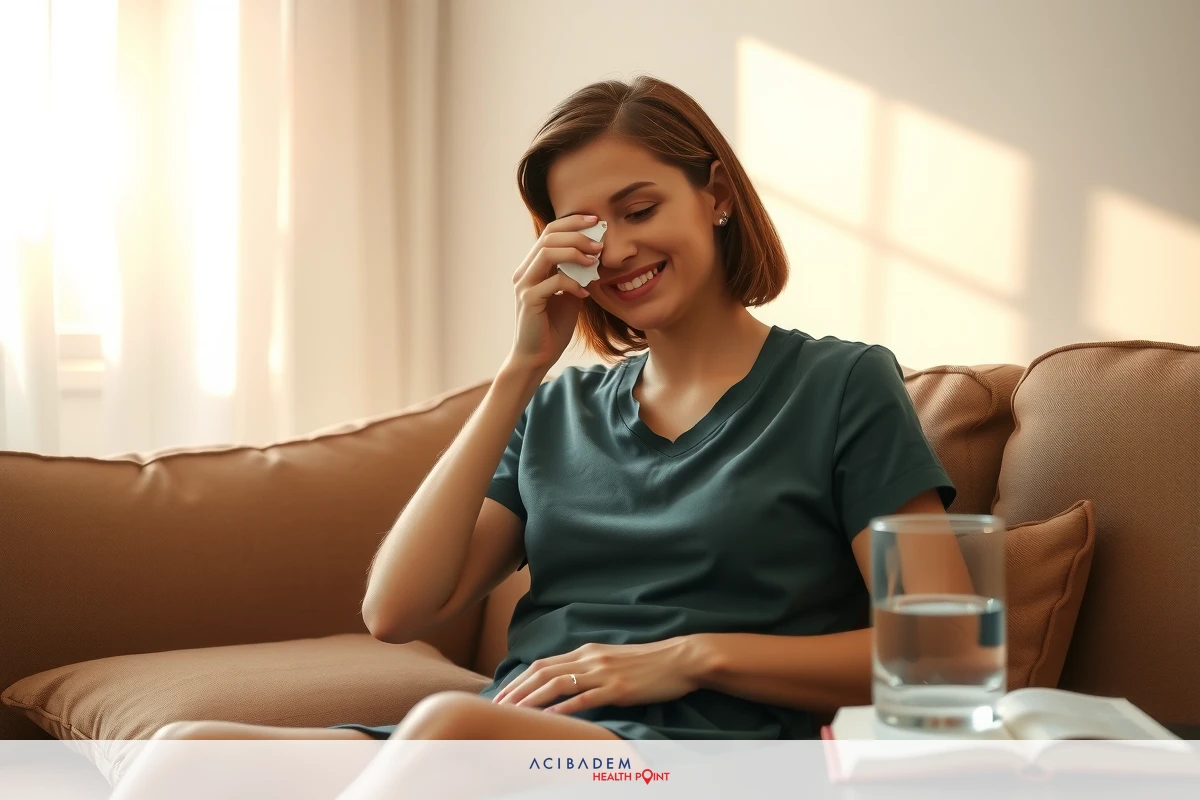 Young woman sitting on a couch, holding her nose and laughing. She is wearing a grey shirt and has a glass of water beside her on the armrest of the couch.