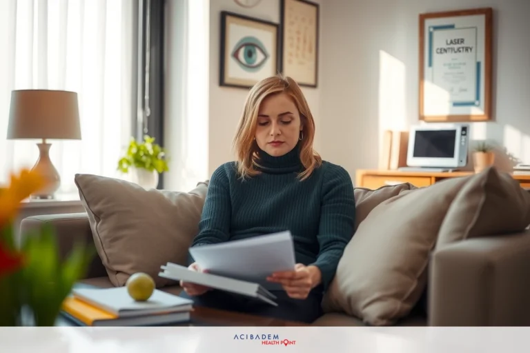 The image shows a woman sitting on a couch in what appears to be an indoor setting, possibly an office or living room. She is focused on reading some papers that are spread out on her lap.