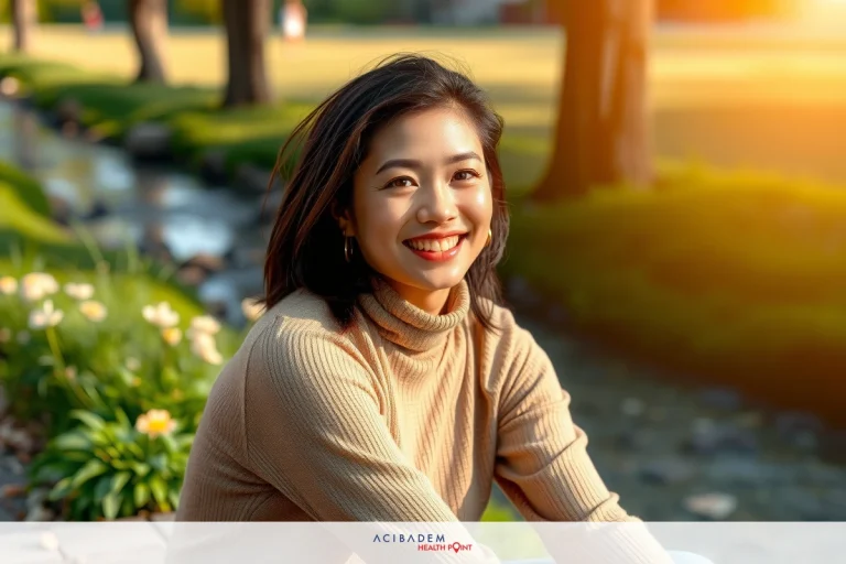 Is Cataract Surgery the Same as Laser Eye Surgery? Smiling woman with short dark hair sitting on a bench in a park setting, wearing tan sweater and looking towards the camera. The environment suggests sunny weather and a serene atmosphere.