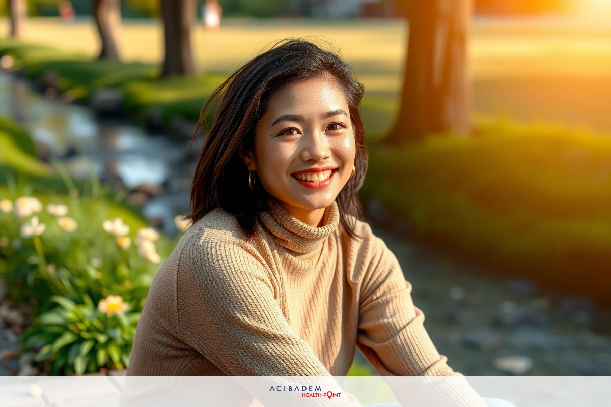 Smiling woman with short dark hair sitting on a bench in a park setting, wearing tan sweater and looking towards the camera. The environment suggests sunny weather and a serene atmosphere.