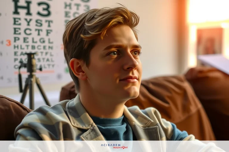 What Age is Best to Get Laser Eye Surgery A young man sitting on a couch with his arm resting on the back of the sofa. He is wearing casual attire and has short, light-colored hair. Behind him, there's an Ishihara test chart hanging on the wall.