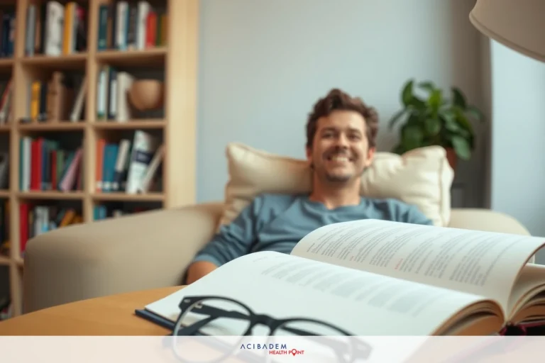 A person is sitting comfortably on a couch. They are smiling and appear to be relaxed. The setting is a cozy living room environment, with books and papers scattered around the area.