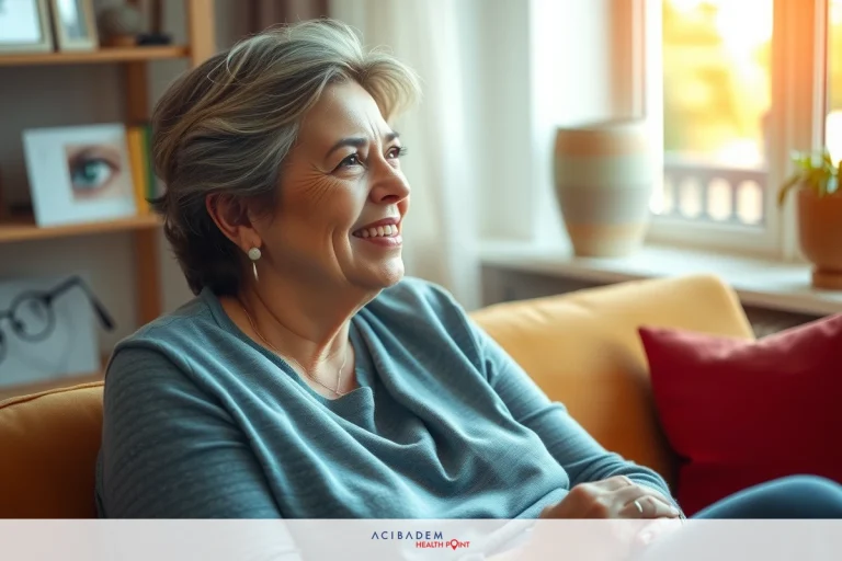 The image depicts a smiling woman sitting comfortably on a couch. She has short hair and is wearing casual attire. The room appears to be a living room with warm, soft lighting, suggesting an indoor setting.