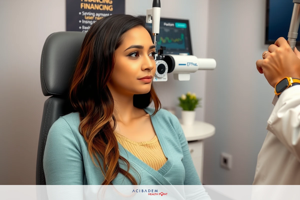 A young woman is seated in a chair, undergoing a medical eye exam. She has long brown hair and is wearing a light blue top. A healthcare professional in white stands to her side holding an instrument. The environment includes medical equipment.