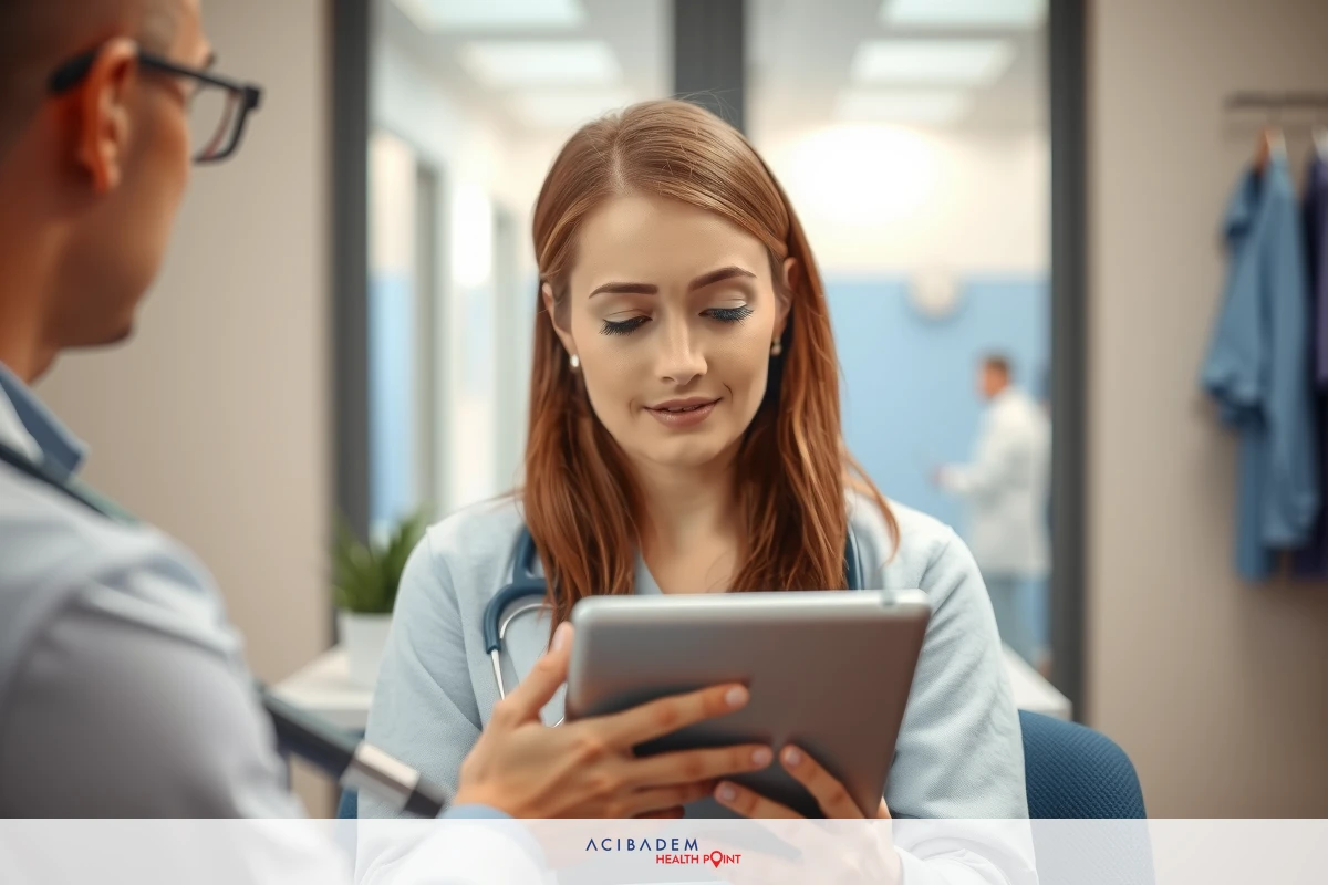 A medical professional, possibly a nurse or doctor, wearing scrubs and stethoscope, using an iPad in what appears to be a hospital setting. The focus is on the interaction between healthcare professionals and technology for patient care.