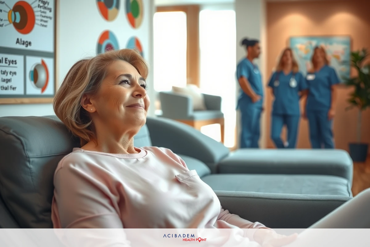 The image shows a woman sitting in a waiting area, presumably at a medical facility. She is wearing a pink jacket and has a smile on her face. In the background, there are other people dressed in hospital scrubs who appear to be healthcare professionals.