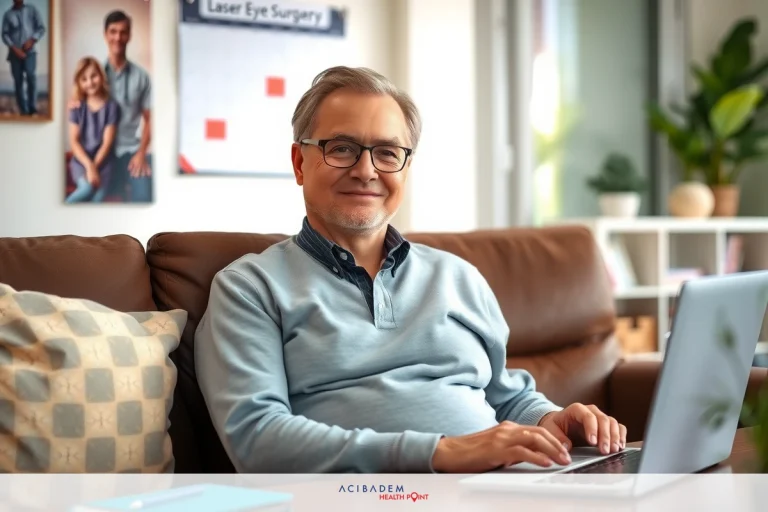 A man in a blue sweater sits on a couch using a laptop. The room is well-lit and has indoor plants. He appears to be engaged in work or leisure activities. His relaxed posture suggests a casual environment.