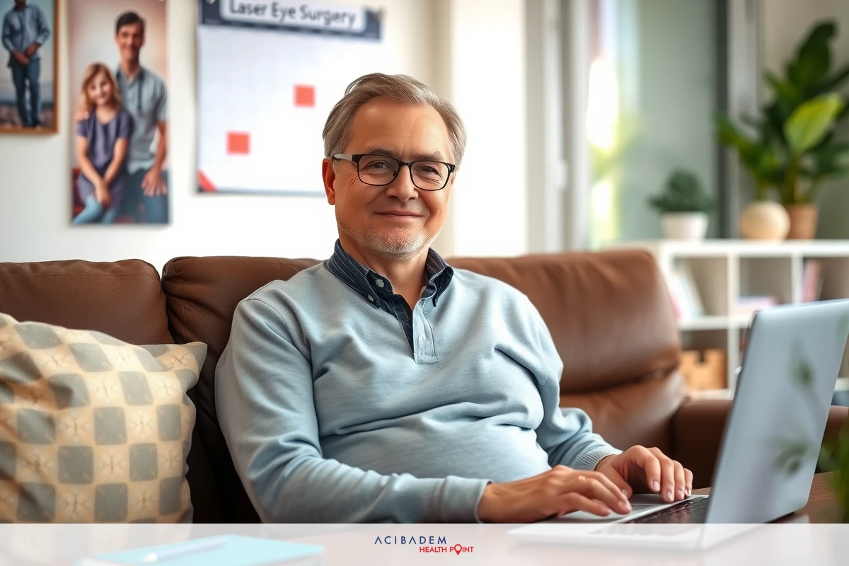A man in a blue sweater sits on a couch using a laptop. The room is well-lit and has indoor plants. He appears to be engaged in work or leisure activities. His relaxed posture suggests a casual environment.
