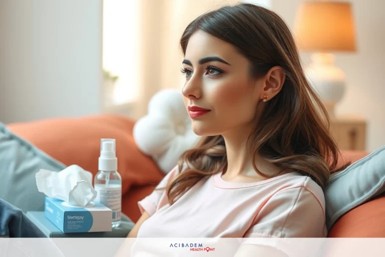 Is There Inside Crusting in The Nostrils After Rhinoplasty A woman sitting on a couch with a box of tissues next to her, looking to the side. She is wearing a pink top and her hair is styled in loose waves.