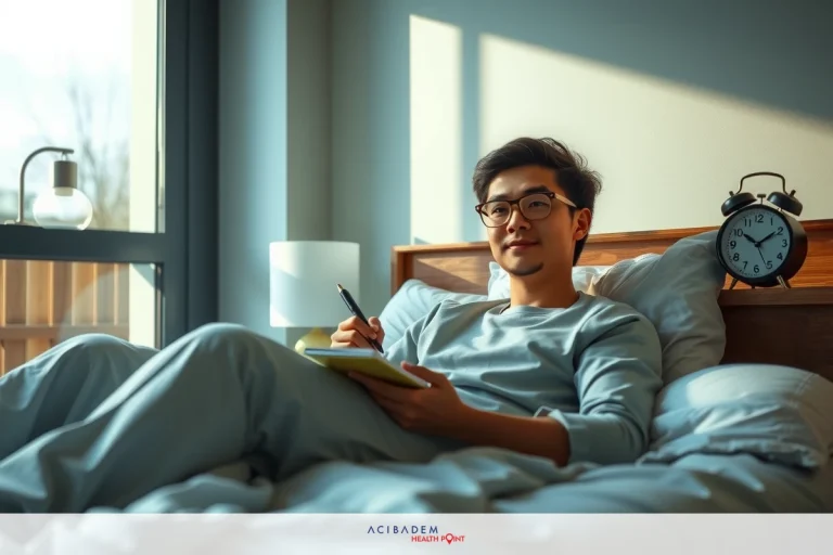 A man in bedroom, wearing glasses, writing on notebook with a pen, smiling at camera. Bed has white sheets and brown headboard. Light source appears to be natural light coming from window.