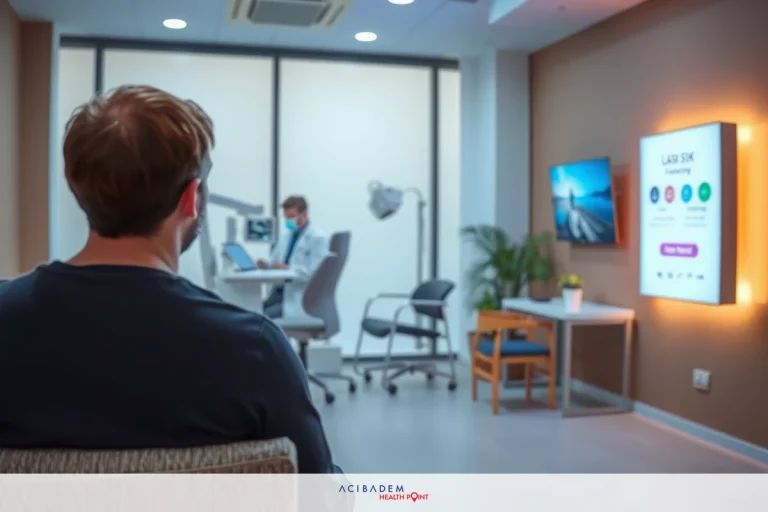 A man seated at a reception desk in an office. On the wall, a TV displays a video presentation. The room is well lit and has a professional atmosphere.