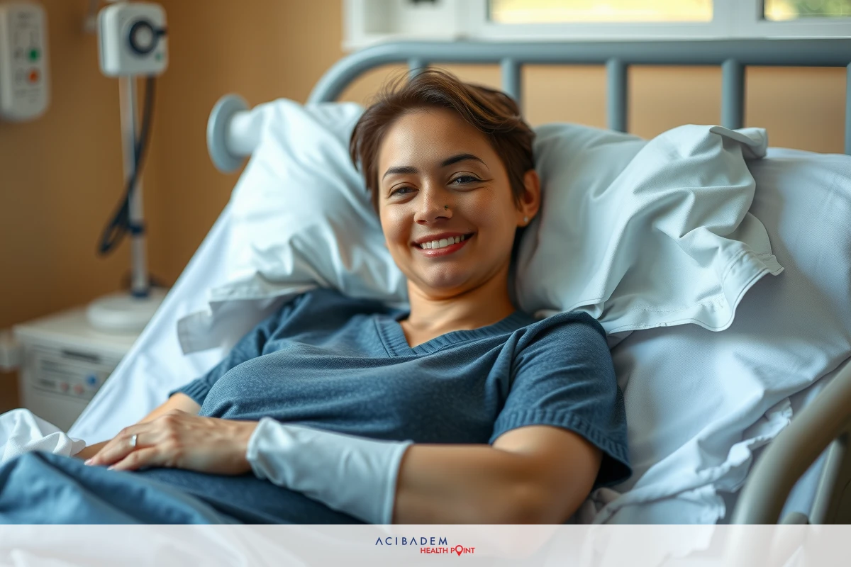 Smiling woman lying on hospital bed, wearing medical scrubs and surgical gloves. She appears to be recovering from a procedure with bandages on her arm.