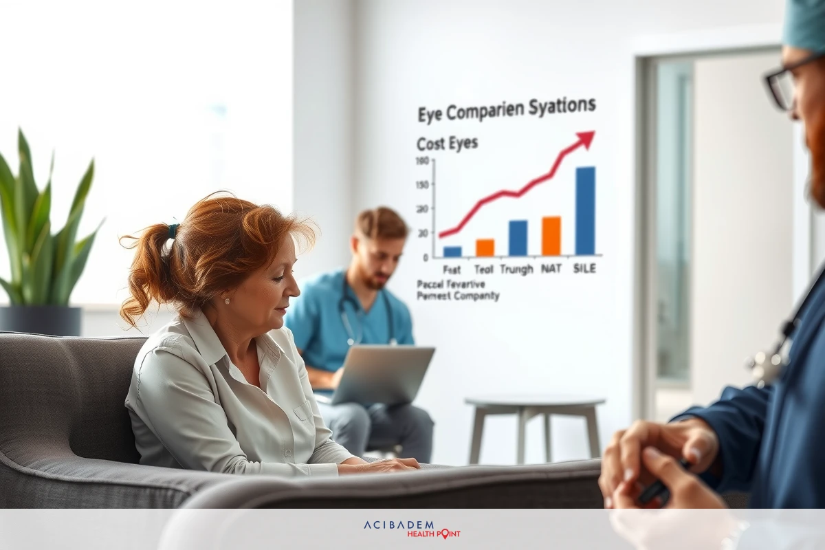 A woman discussing her health with a doctor in a modern home setting, with charts indicating the comparison of cost and quality for cataract surgery.