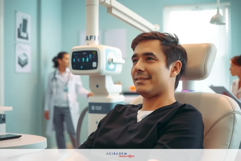 The image shows a man seated in a examination chair, wearing a surgical mask. He is smiling and appears relaxed. There are medical professionals in the background.