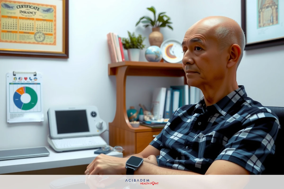 This is a photograph of a man seated in an office environment. The man appears to be of Asian descent and is wearing a black short-sleeved shirt with plaid pattern over a t-shirt. He has a bald head, light skin, and is looking directly at the camera with a neutral expression. In the background, there is a desk with a computer monitor, keyboard, and some books or binders visible.