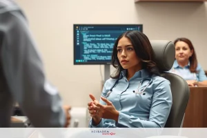 Two healthcare professionals, a doctor and nurse, discussing medical case in an examination room. Female patient seated on chair while dressed in scrubs.