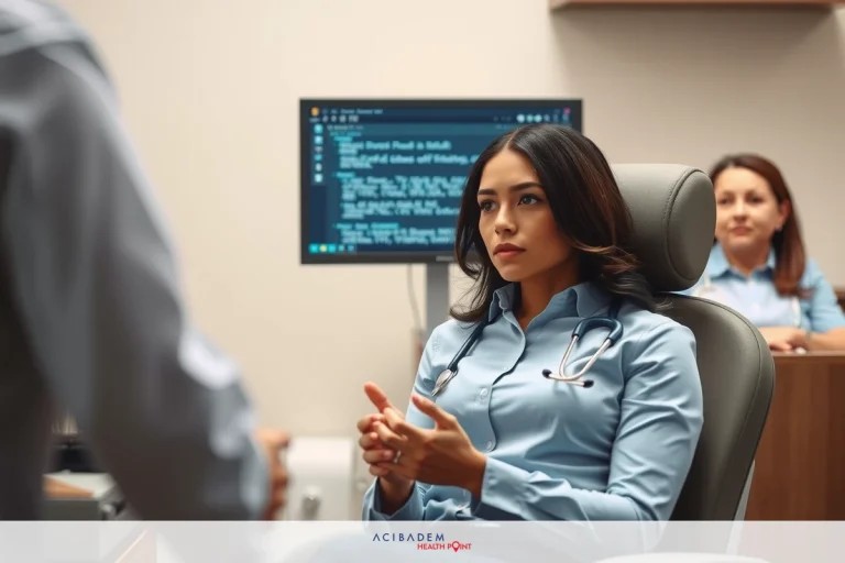 Does Horizon NJ Health Cover LASIK Eye Surgery? Two healthcare professionals, a doctor and nurse, discussing medical case in an examination room. Female patient seated on chair while dressed in scrubs.