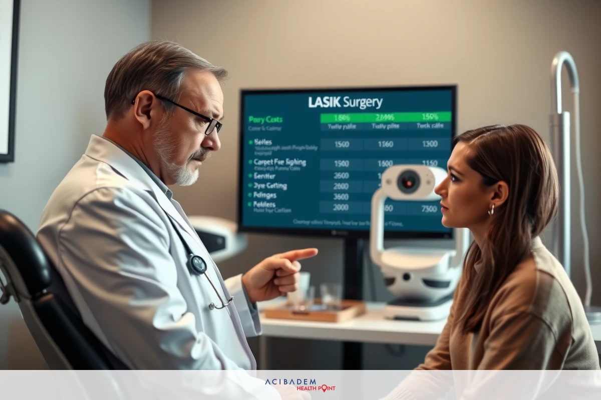 A man in a white lab coat is gesturing while speaking to a woman, who appears to be his patient. They are seated across from each other with the woman's chair facing towards the left side of the image. The setting includes a large TV monitor displaying patient information and medical data, suggesting this scene takes place in a modern healthcare or optometry office.