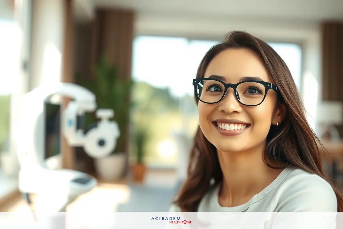 The image features a smiling woman in an office environment, sitting at what appears to be a computer desk with modern technology and furniture. She is wearing black eyeglasses and has long hair.