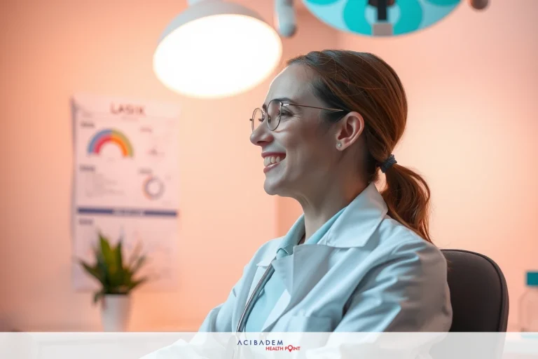 Can You Get LASIK on One Eye? Woman in white lab coat smiling at the camera, sitting on a chair in front of a desk with various medical equipment. Her office is clean and well-lit, suggesting a professional and inviting environment.