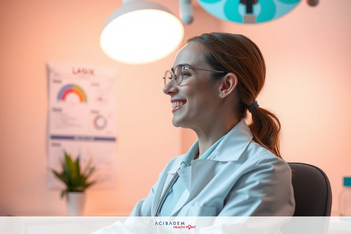 Woman in white lab coat smiling at the camera, sitting on a chair in front of a desk with various medical equipment. Her office is clean and well-lit, suggesting a professional and inviting environment.