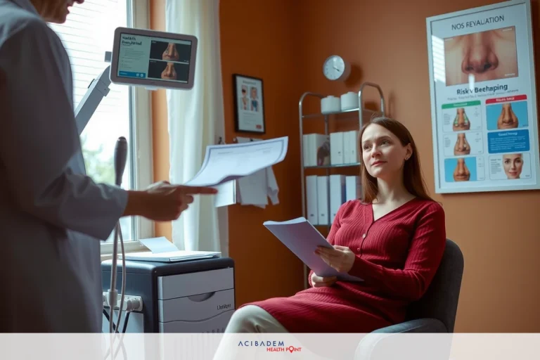 In a healthcare office, a patient seated on the right receives information from the practitioner standing. The room is equipped with medical equipment like monitors and a scale.