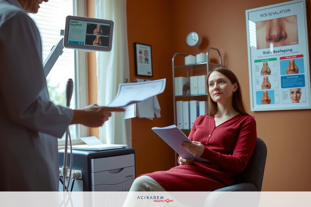 In a healthcare office, a patient seated on the right receives information from the practitioner standing. The room is equipped with medical equipment like monitors and a scale.