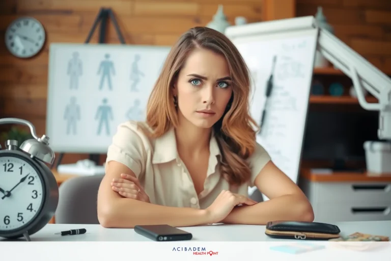 How Many Times Can a Person Get LASIK Eye Surgery? A young, confident woman with short blonde hair is sitting at a desk in an office setting. She is wearing a beige suit with a skirt and is holding a cell phone near her face. The office is equipped with various professional tools including a large whiteboard, a flip chart stand, and a clock on the wall.