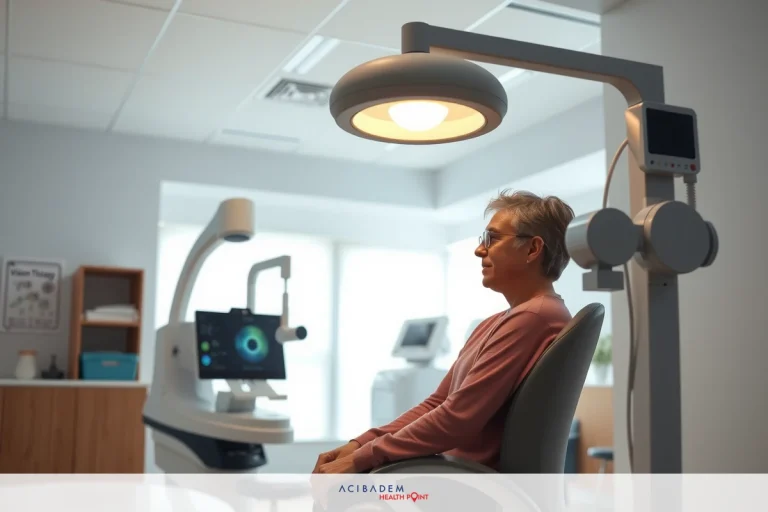 The image shows a man seated in a modern dental examination chair. He is wearing glasses and has his chin resting on the back of the chair, looking ahead with a focused expression. The chair is equipped with an overhead light, indicating it's a medical setting designed for eye exams or other diagnostic procedures. In the background, there are computer monitors displaying digital images that could be related to the examination or treatment plan.