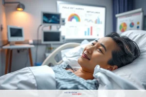 A person lying in a hospital bed, smiling at the camera. The room is equipped with medical monitoring devices and charts. There are various electronic displays showing patient data.