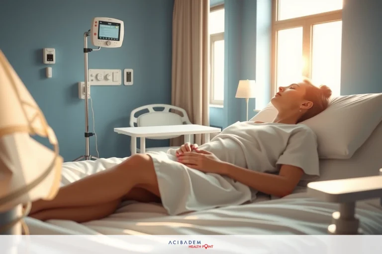 The image depicts a hospital room with a patient lying on the bed. The patient is dressed in medical attire and appears to be hooked up to medical equipment, indicating that they are receiving care or monitoring.