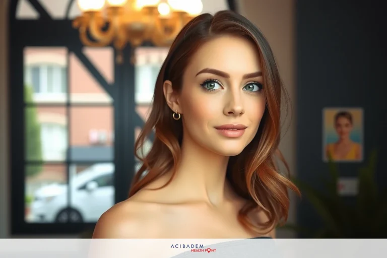 The image features a woman with long brown hair, wearing makeup and dressed in what appears to be an off-the-shoulder top. She is looking directly at the camera with a neutral expression. As can be seen from the background, the space probably resembles a room inside a house or office.