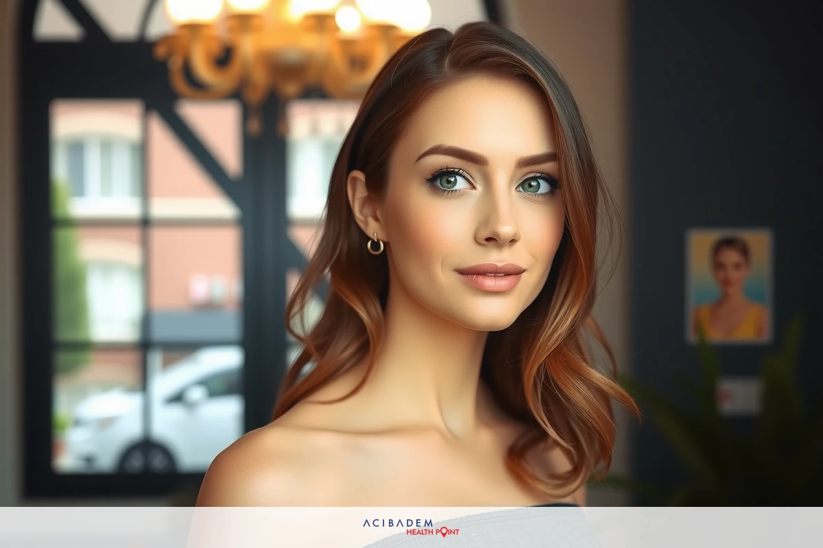 The image features a woman with long brown hair, wearing makeup and dressed in what appears to be an off-the-shoulder top. She is looking directly at the camera with a neutral expression. As can be seen from the background, the space probably resembles a room inside a house or office.