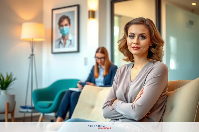 In an indoor office setting, a woman is seated on a couch with her hands clasped together. She has short brown hair and is wearing a grey top. Behind him sits a woman in a suit and wearing glasses.