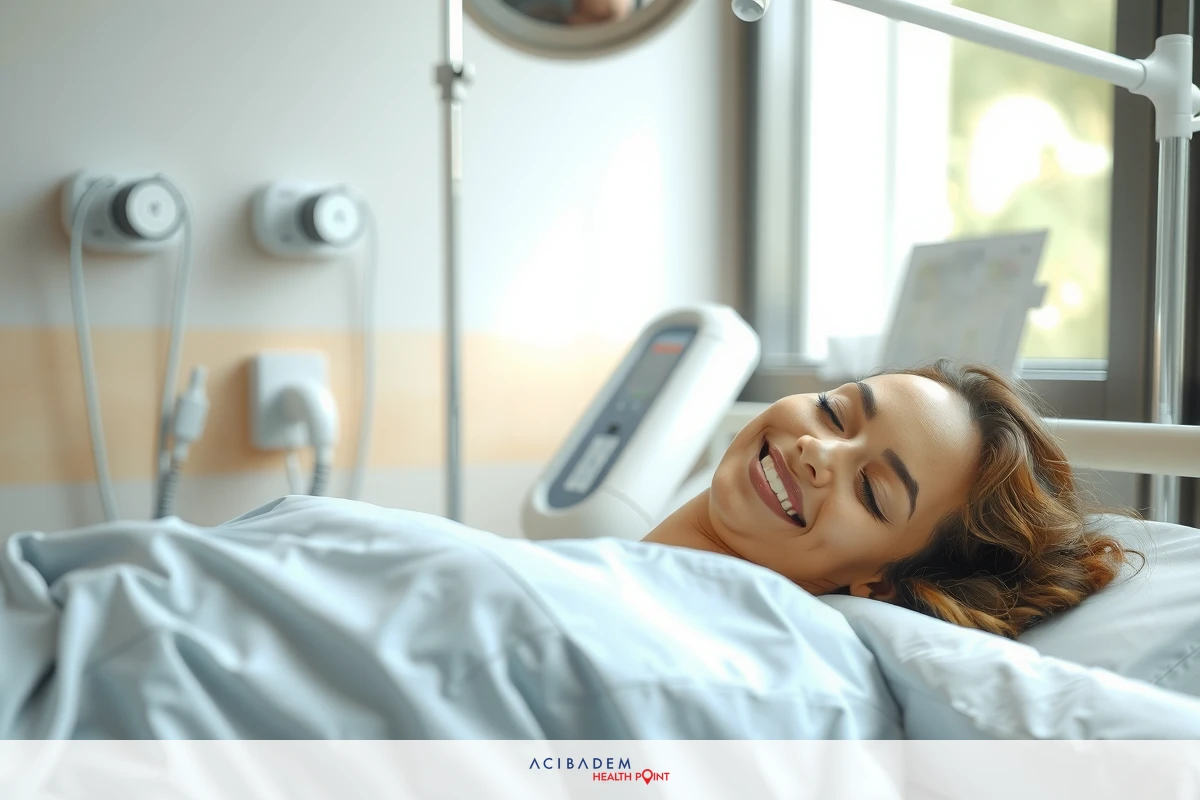 Smiling woman in hospital bed with medical equipment around her.