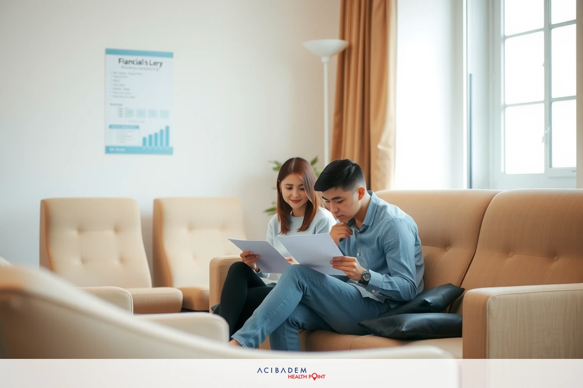 In the image, a young couple is comfortably seated on a beige sofa in a cozy living room. The woman is engaged with a piece of paperwork while the man is absorbed in reading a document. They are both casually dressed and appear to be engrossed in their respective tasks. The room is warmly lit and has a homely atmosphere.
