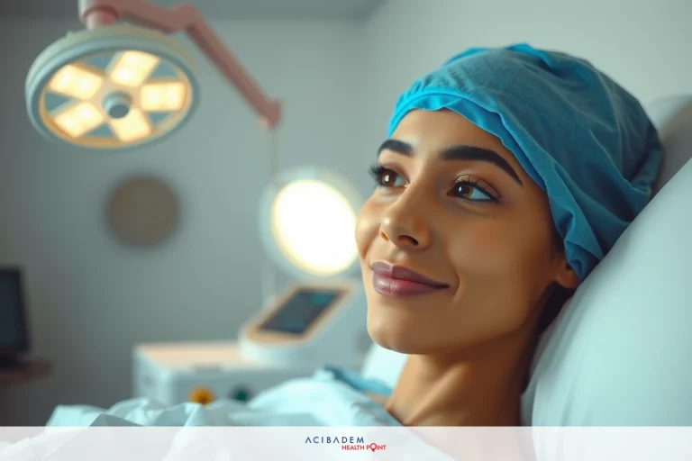 A woman is lying in a hospital bed, smiling as she appears to be receiving treatment or medication. She wears a medical mask and has a chart beside her. The room has modern medical equipment.