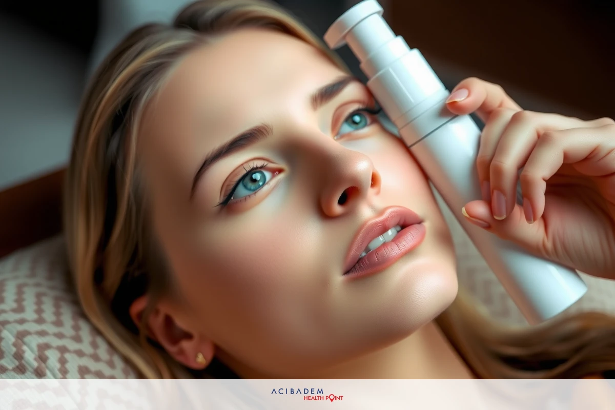 A woman in a cozy room, lying on a couch with her eyes open, holding a nasal spray.