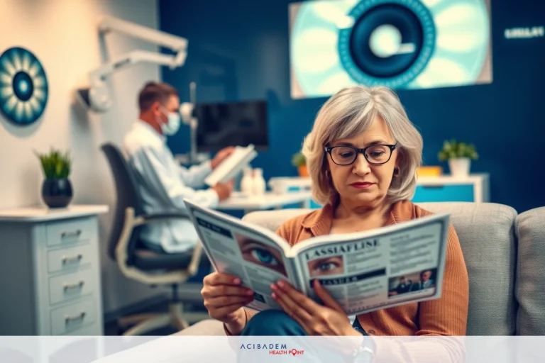 How Much LASIK Eye Surgery A woman with grey hair is sitting comfortably on a couch, reading a magazine. The setting appears to be a modern optician's office with an ophthalmic examination equipment in the background and another person at work behind her.