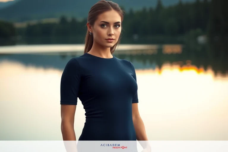 The image features a woman standing by the edge of a body of water, possibly a lake. She is wearing a dark blue or black sleeveless top and has her hair pulled back into a low ponytail.