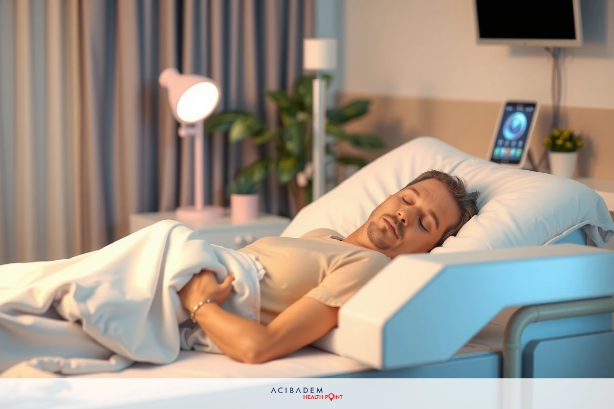 The image shows a man lying in a hospital bed with medical equipment beside him. He appears to be resting, as he is covered with blankets and seems unconscious or asleep.