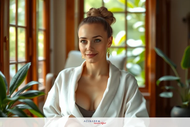 BBL Surgery in Houston TX The image features a woman seated comfortably in an indoor setting. She is dressed in a white robe and wears a warm smile. Her hair is styled up, adding to her relaxed demeanor.