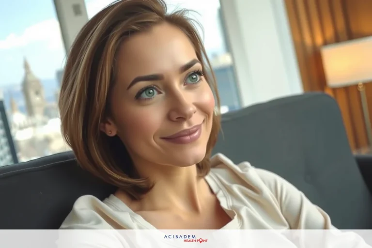 Can You Cry After LASIK Eye Surgery? The image features a woman with a smiling expression, seated in what appears to be an indoor office environment. She has short brown hair and is wearing a light-colored shirt with a dark blazer or sweater over it.